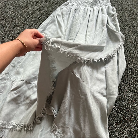 Pastel Baby Blue High Waisted Stretch Midi Maxi Ruffle Frayed Hem Modest Skirt L - Picture 6 of 16